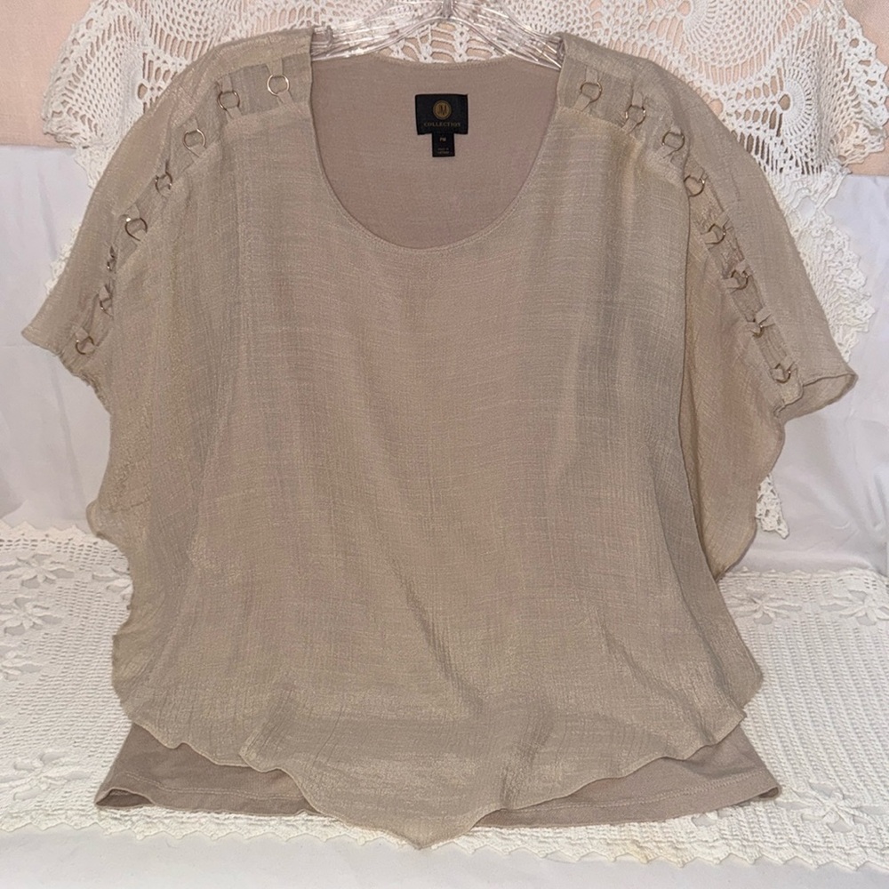 JM Collection Beige Layered Tank O-Ring Detail Sleeves Gauzy Top Blouse Sz PM - Picture 4 of 12